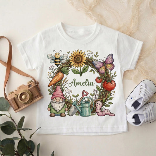 Cute Gnome Kids Shirt, Garden Doodles Toddler Tee, Spring Gardening Baby Outfit, Gnome Lover Gift for Boys Girls, Nature Botanical Shirt