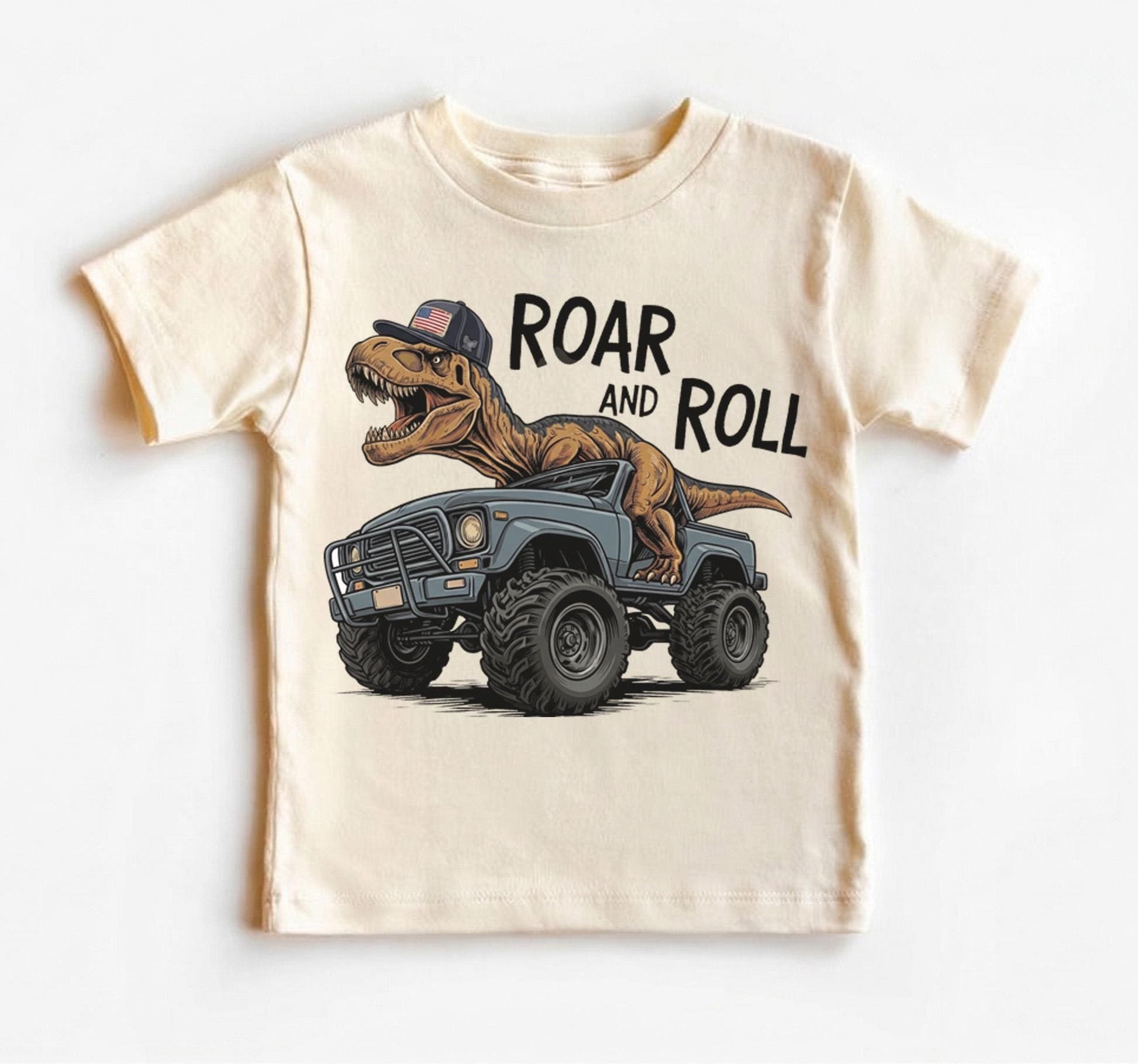 Dinosaur Monster Truck Shirt for Toddler Boys, Roar and Roll T-Rex Dino Truck Kids Tee, Cool Birthday Gift Outfit, Monster Jam Youth Shirt