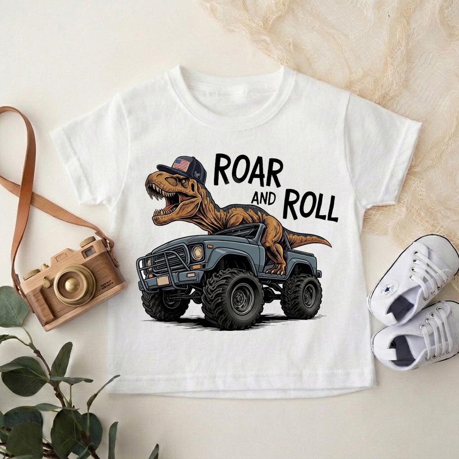 Dinosaur Monster Truck Shirt for Toddler Boys, Roar and Roll T-Rex Dino Truck Kids Tee, Cool Birthday Gift Outfit, Monster Jam Youth Shirt