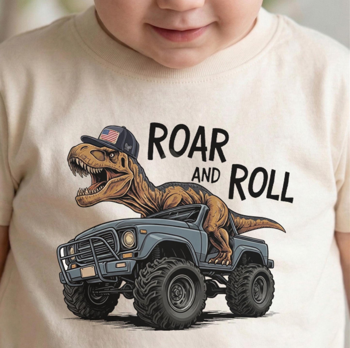 Dinosaur Monster Truck Shirt for Toddler Boys, Roar and Roll T-Rex Dino Truck Kids Tee, Cool Birthday Gift Outfit, Monster Jam Youth Shirt