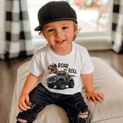 Dinosaur Monster Truck Shirt for Toddler Boys, Roar and Roll T-Rex Dino Truck Kids Tee, Cool Birthday Gift Outfit, Monster Jam Youth Shirt