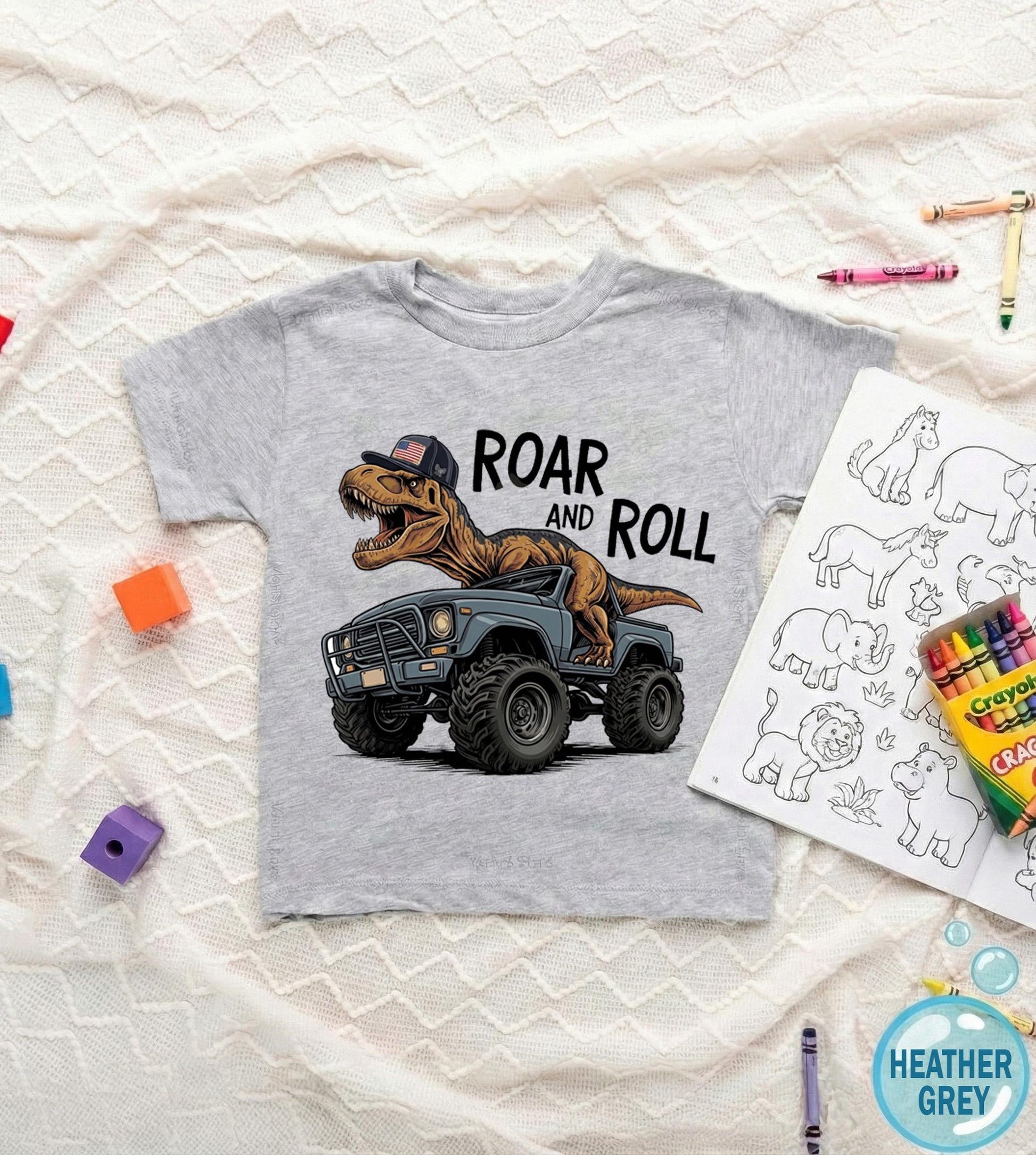 Dinosaur Monster Truck Shirt for Toddler Boys, Roar and Roll T-Rex Dino Truck Kids Tee, Cool Birthday Gift Outfit, Monster Jam Youth Shirt