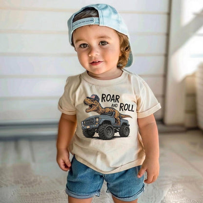 Dinosaur Monster Truck Shirt for Toddler Boys, Roar and Roll T-Rex Dino Truck Kids Tee, Cool Birthday Gift Outfit, Monster Jam Youth Shirt