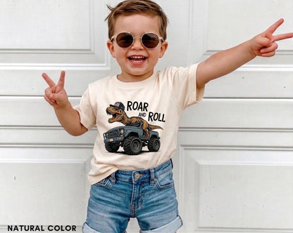 Dinosaur Monster Truck Shirt for Toddler Boys, Roar and Roll T-Rex Dino Truck Kids Tee, Cool Birthday Gift Outfit, Monster Jam Youth Shirt