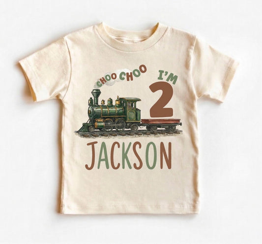 Personalized Choo Choo I'm 2 Shirt, Soft Cotton Train Toddler Tee, Custom Name 2nd Birthday Outfit, Boy Train Party Clothes