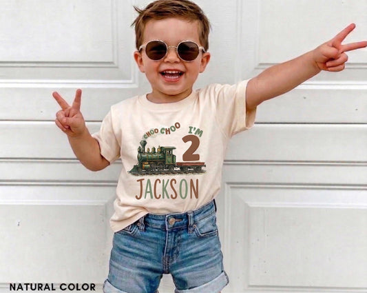 Personalized Choo Choo I'm 2 Shirt, Soft Cotton Train Toddler Tee, Custom Name 2nd Birthday Outfit, Boy Train Party Clothes