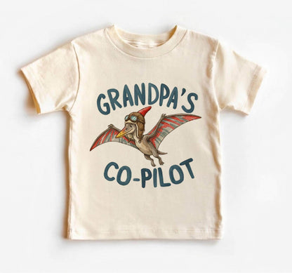 Grandpa's Co-Pilot Toddler Shirt, Dinosaur Future Pilot Tee, Kids First Flight Airplane Clothing, Aviator Dino Boy Girl Gift