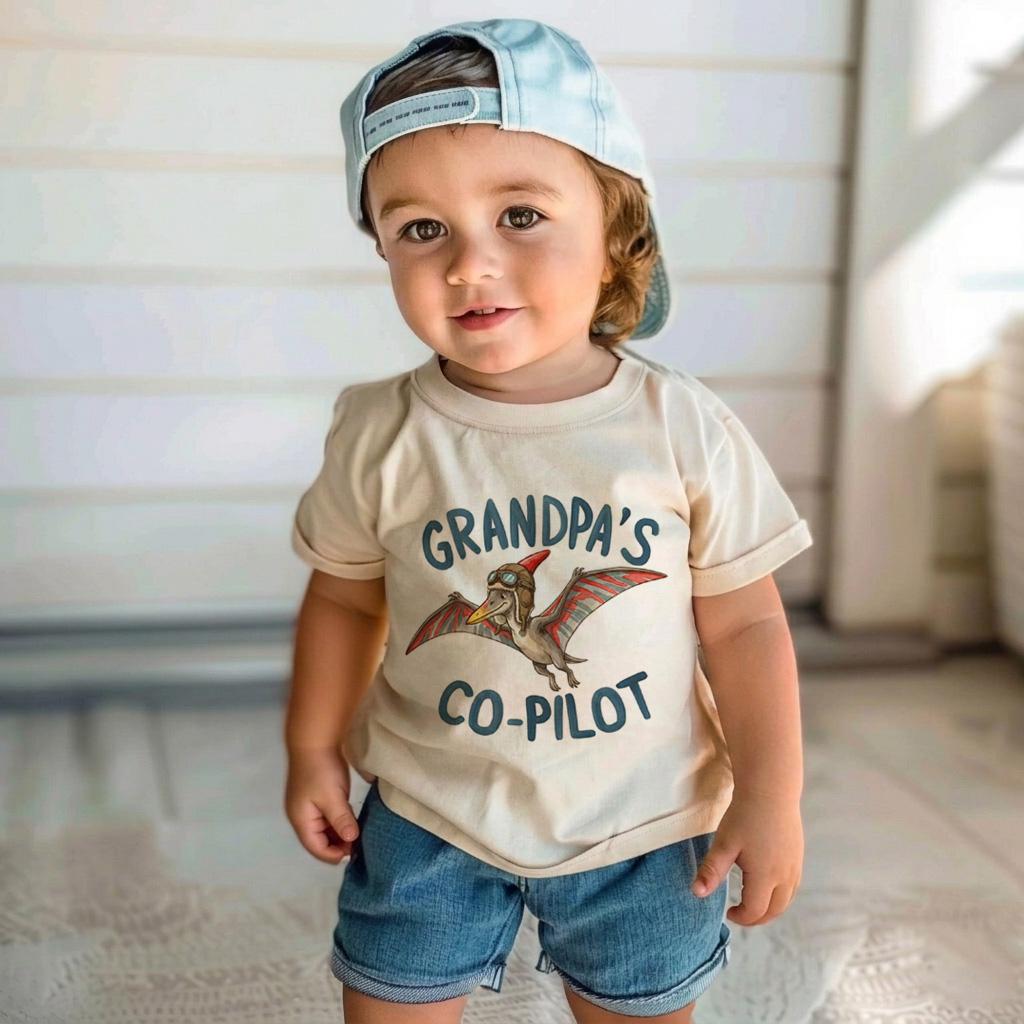 Grandpa's Co-Pilot Toddler Shirt, Dinosaur Future Pilot Tee, Kids First Flight Airplane Clothing, Aviator Dino Boy Girl Gift