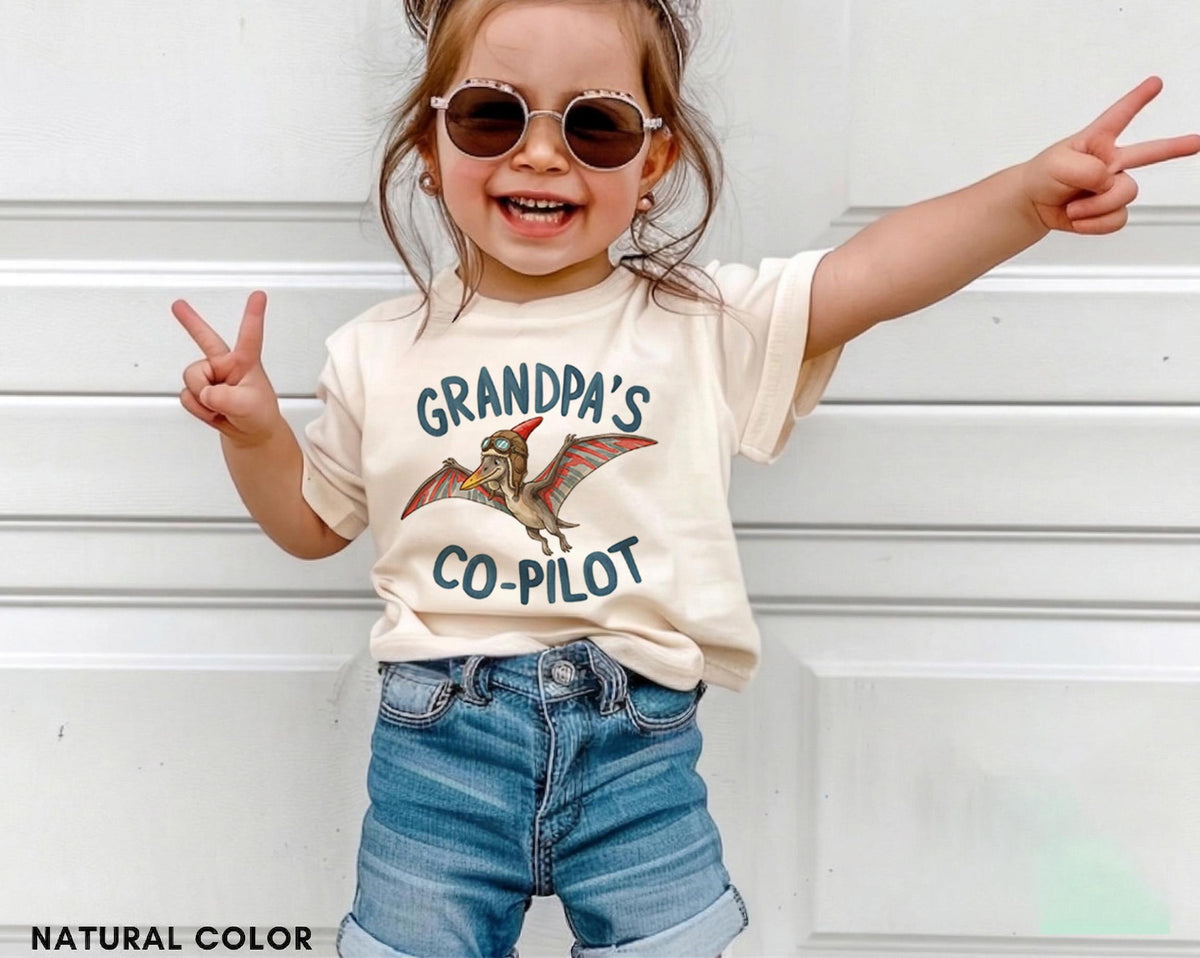 Grandpa's Co-Pilot Toddler Shirt, Dinosaur Future Pilot Tee, Kids First Flight Airplane Clothing, Aviator Dino Boy Girl Gift