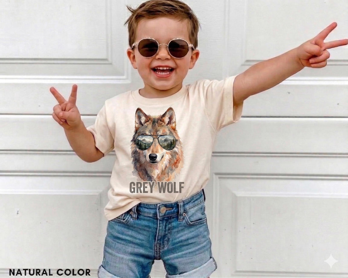Grey Wolf Toddler Shirt, Cute Educational Animal T-Shirt, Natural Boho Kids Tee, Soft Cotton Wildlife Gift