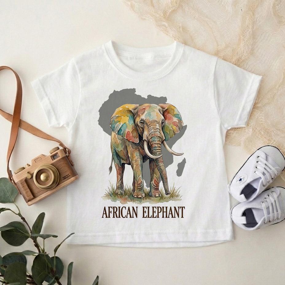 African Elephant Toddler Shirt, Watercolor Safari Animal Kids Tee, Zoo Trip Outfit for Boys and Girls, Africa Map Toddler Graphic Top