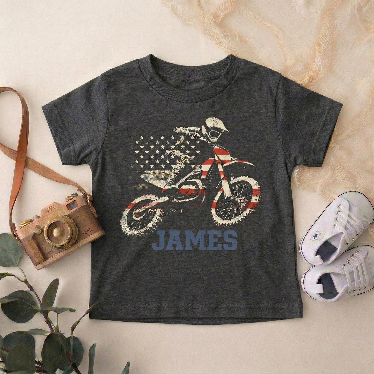 American Flag Dirt Bike Kids Tee, Custom Name Motocross Shirt, Personalized Toddler Boy Gift, Youth Racing Clothes, Little Rider Top