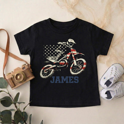 American Flag Dirt Bike Kids Tee, Custom Name Motocross Shirt, Personalized Toddler Boy Gift, Youth Racing Clothes, Little Rider Top