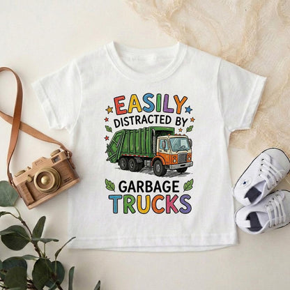 Easily Distracted by Garbage Trucks Kids Shirt, Colorful Trash Truck Toddler Tee, Trash Day Outfit, Cute Boy Recycle Truck Birthday Gift