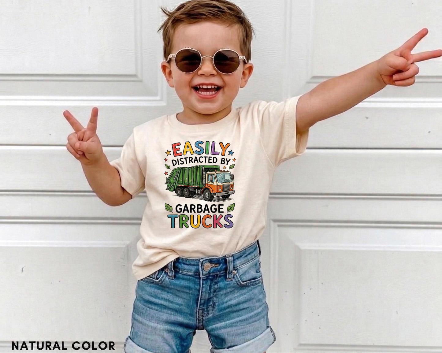 Easily Distracted by Garbage Trucks Kids Shirt, Colorful Trash Truck Toddler Tee, Trash Day Outfit, Cute Boy Recycle Truck Birthday Gift