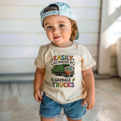 Easily Distracted by Garbage Trucks Kids Shirt, Colorful Trash Truck Toddler Tee, Trash Day Outfit, Cute Boy Recycle Truck Birthday Gift