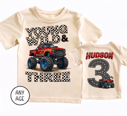 Monster Truck 3rd Birthday Shirt, Young Wild and Three Boy, Checkered Pit Crew Tee, Custom Name Age Road Track Outfit, Any Age Top