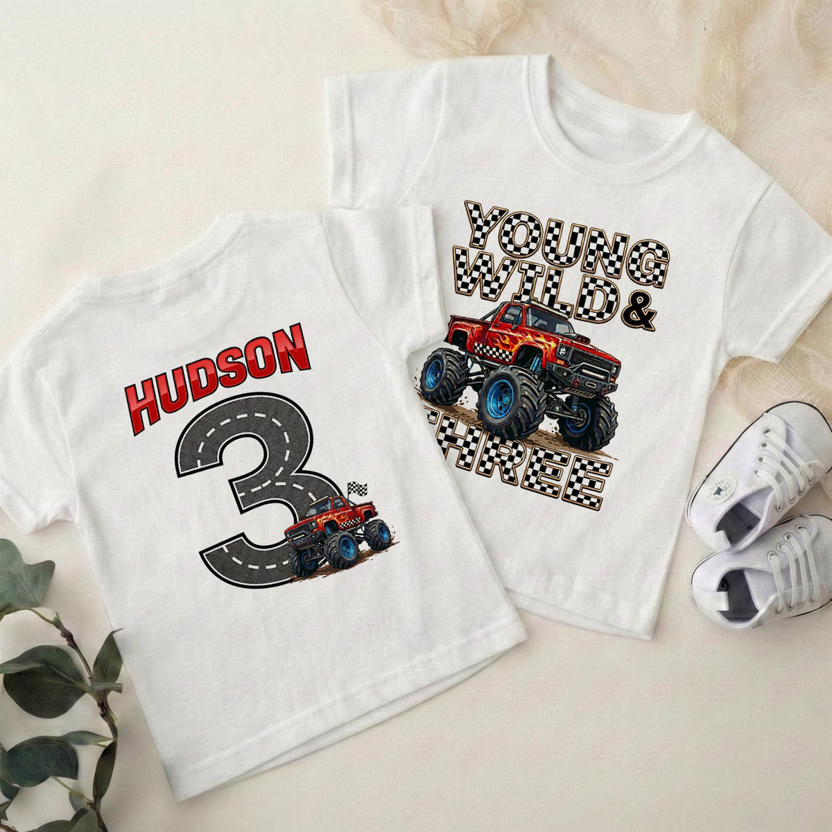 Monster Truck 3rd Birthday Shirt, Young Wild and Three Boy, Checkered Pit Crew Tee, Custom Name Age Road Track Outfit, Any Age Top