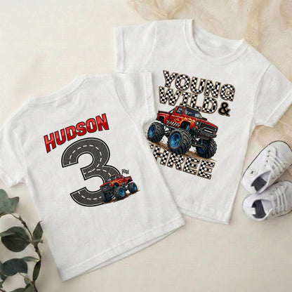 Monster Truck 3rd Birthday Shirt, Young Wild and Three Boy, Checkered Pit Crew Tee, Custom Name Age Road Track Outfit, Any Age Top