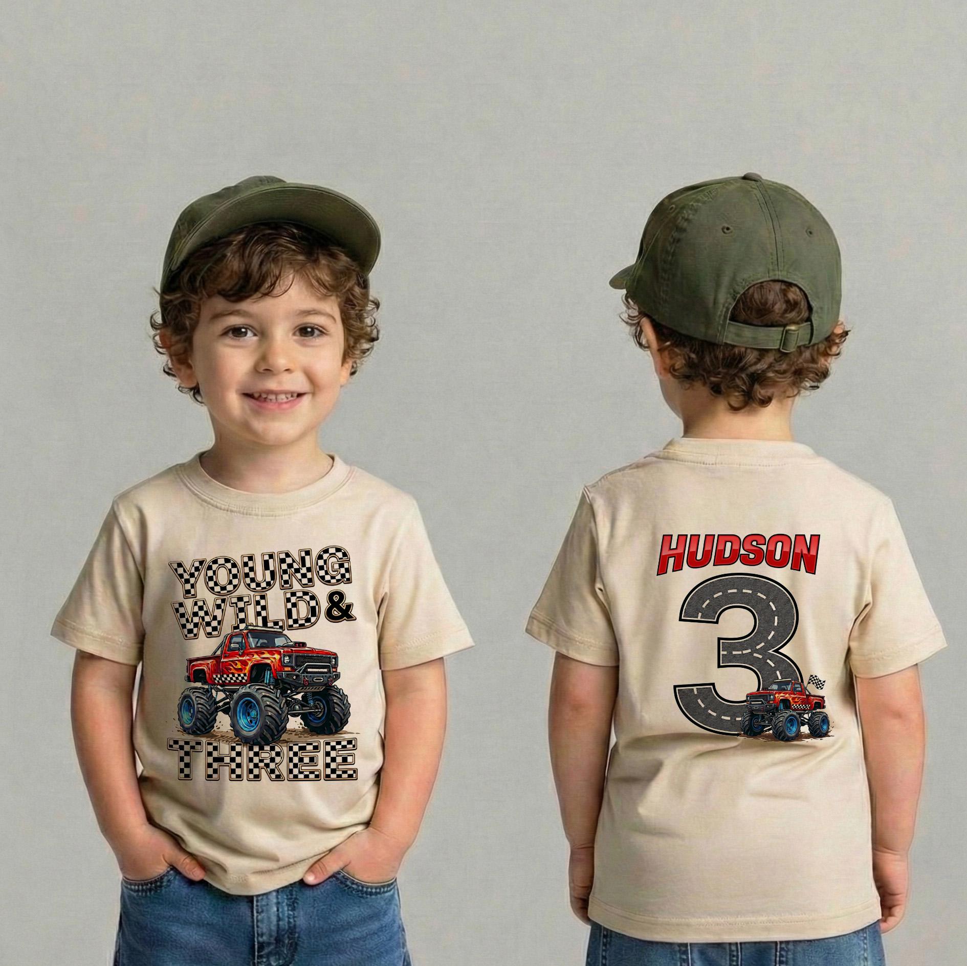 Monster Truck 3rd Birthday Shirt, Young Wild and Three Boy, Checkered Pit Crew Tee, Custom Name Age Road Track Outfit, Any Age Top