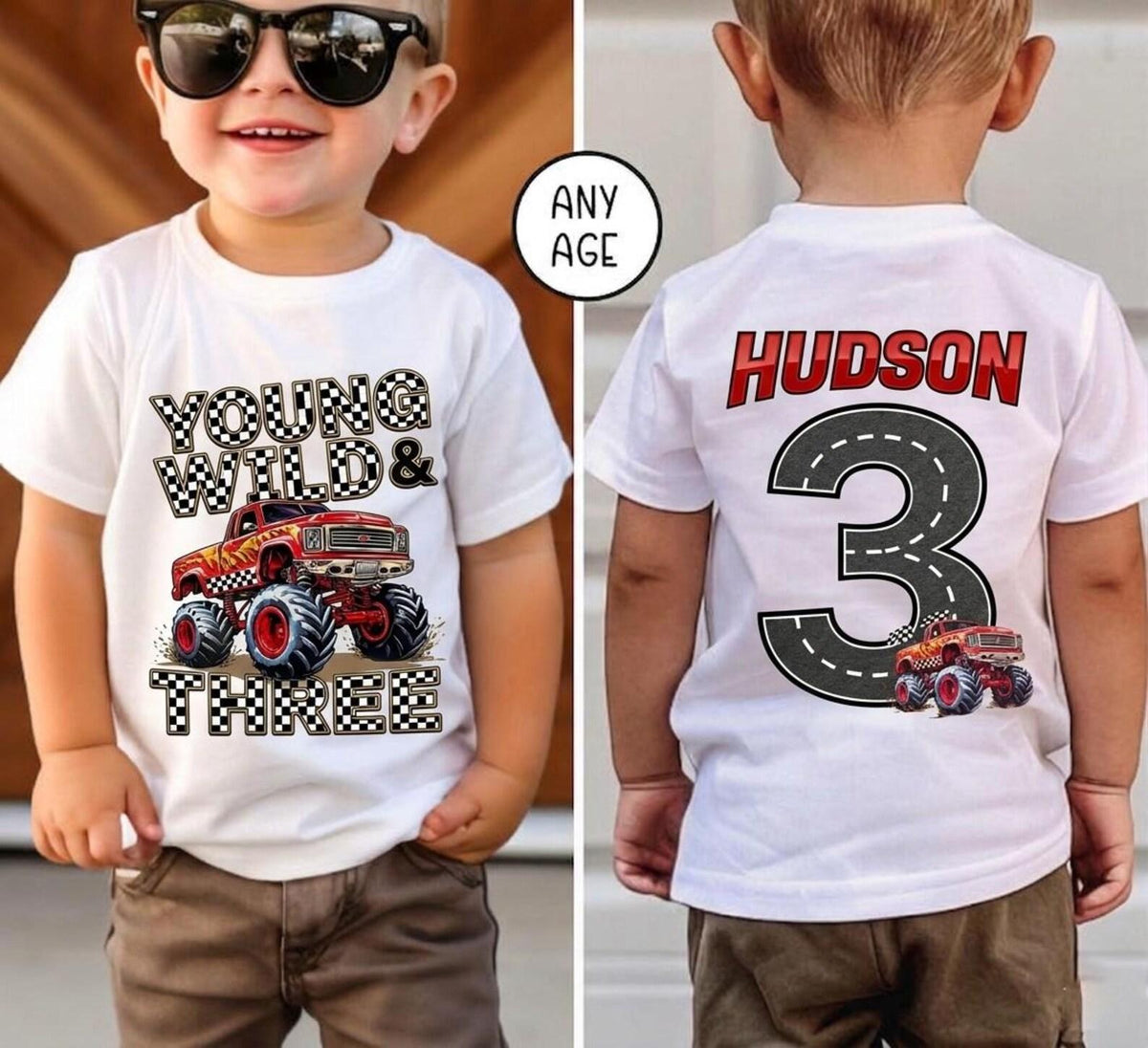 Monster Truck 3rd Birthday Shirt, Young Wild and Three Boy, Checkered Pit Crew Tee, Custom Name Age Road Track Outfit, Any Age Top