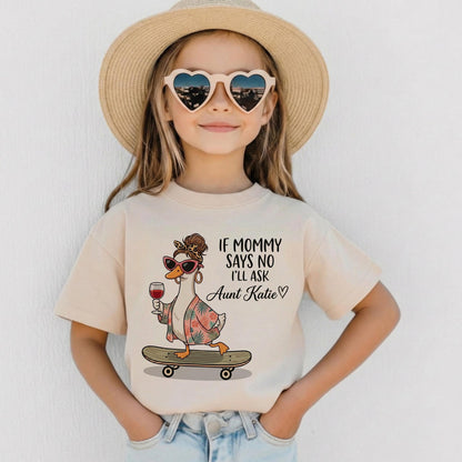 Personalized If Mommy Says No I'll Ask Auntie Shirt, Funny Aunt Duck Baby Onesie, Custom Niece Nephew Bodysuit, Baby Shower Gift To Be