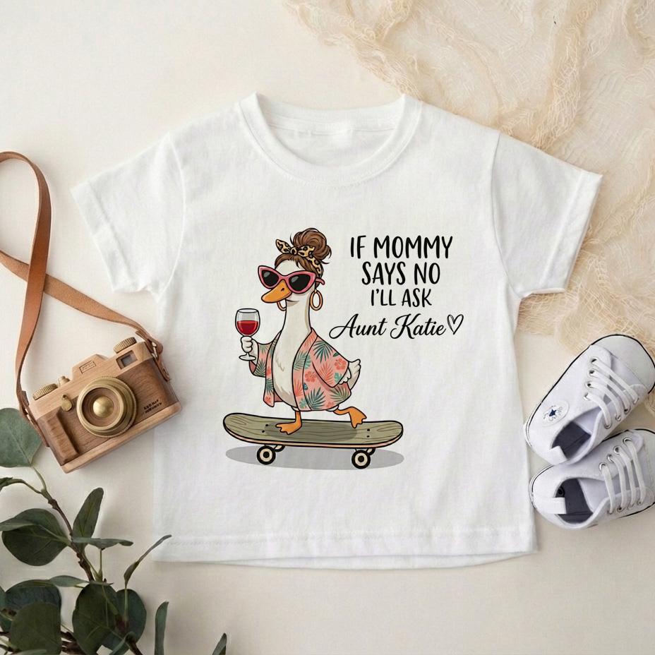 Personalized If Mommy Says No I'll Ask Auntie Shirt, Funny Aunt Duck Baby Onesie, Custom Niece Nephew Bodysuit, Baby Shower Gift To Be
