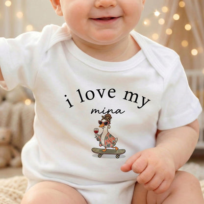 I Love My Custom Name Baby Onesie, Personalized Newborn Bodysuit, Custom Aunt Uncle Daddy Outfit, Funny Dinosaur Goose Baby Clothes