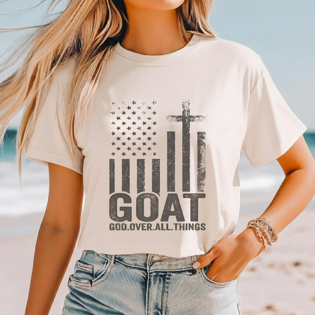 GOAT God Over All Things Shirt Patriotic Christian Womens Crop Top V-Neck Unisex Tee Mothers Day Mom Gift USA Flag Cross Apparel