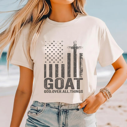 GOAT God Over All Things Shirt Patriotic Christian Womens Crop Top V-Neck Unisex Tee Mothers Day Mom Gift USA Flag Cross Apparel