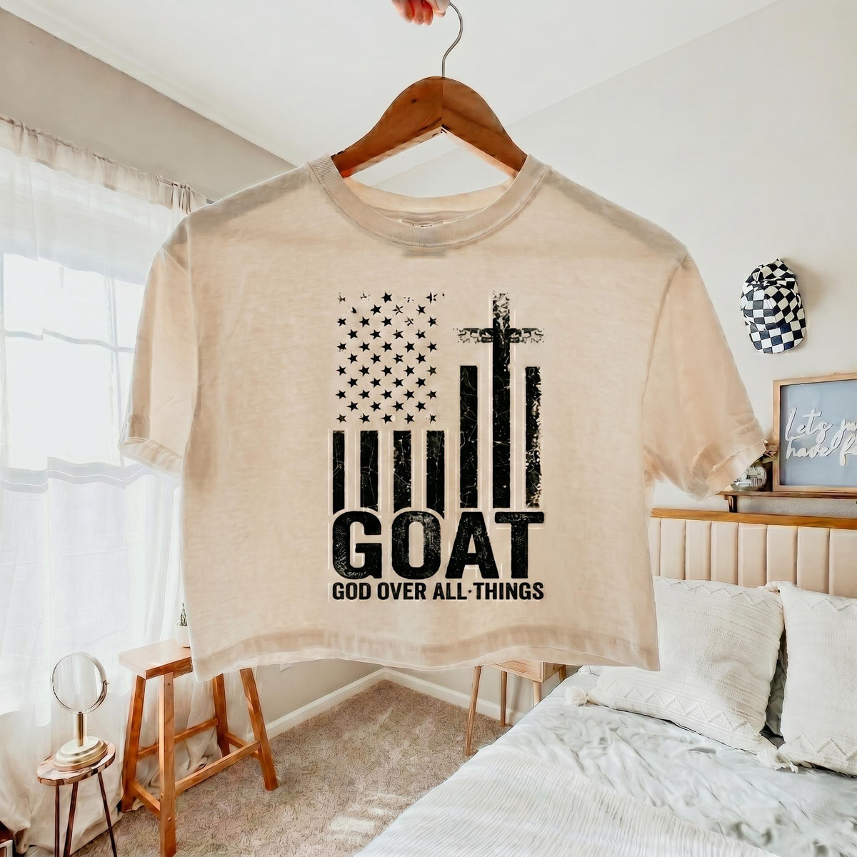 GOAT God Over All Things Shirt Patriotic Christian Womens Crop Top V-Neck Unisex Tee Mothers Day Mom Gift USA Flag Cross Apparel