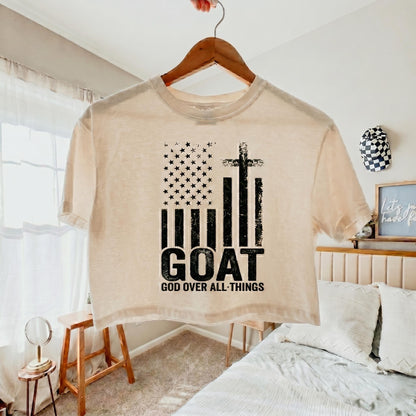 GOAT God Over All Things Shirt Patriotic Christian Womens Crop Top V-Neck Unisex Tee Mothers Day Mom Gift USA Flag Cross Apparel