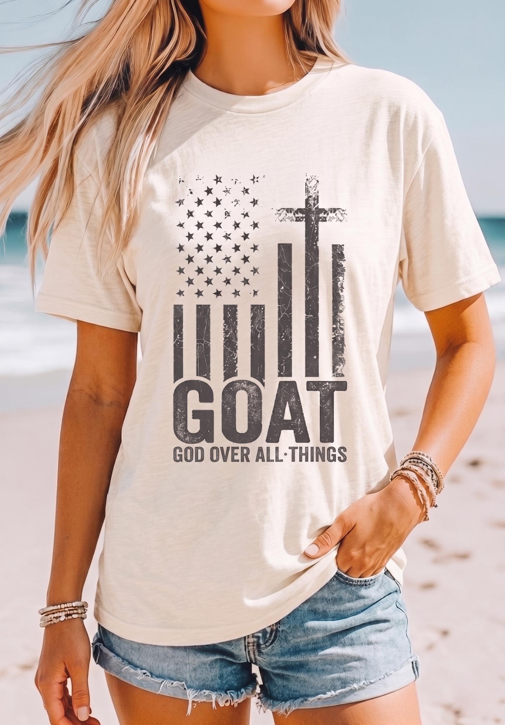 GOAT God Over All Things Shirt Patriotic Christian Womens Crop Top V-Neck Unisex Tee Mothers Day Mom Gift USA Flag Cross Apparel