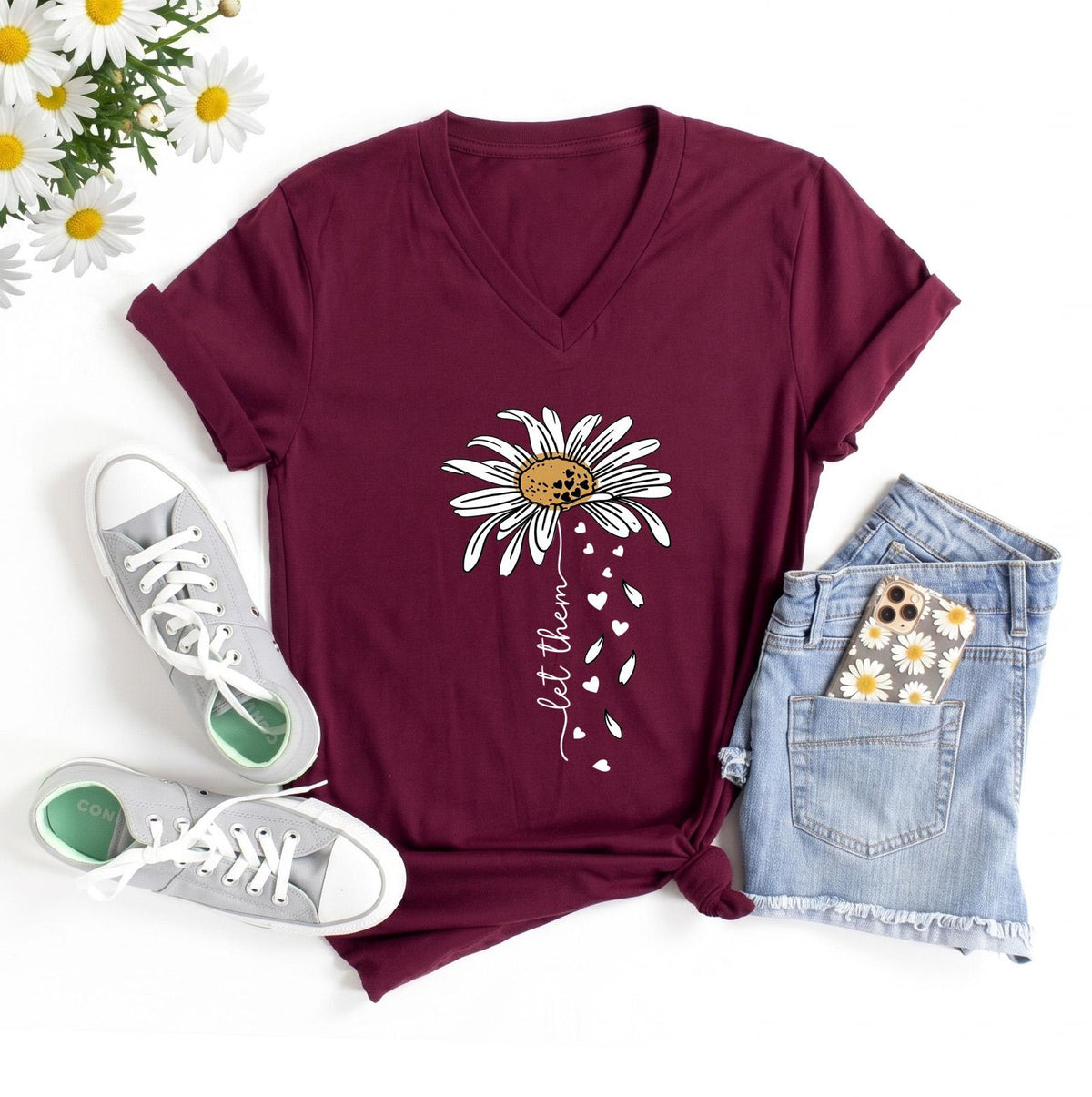 Let Them Daisy Shirt, Mental Health Boho Tee, Inspirational Floral T-shirt, Positive Saying Gift for Women, Self Love Flower Top