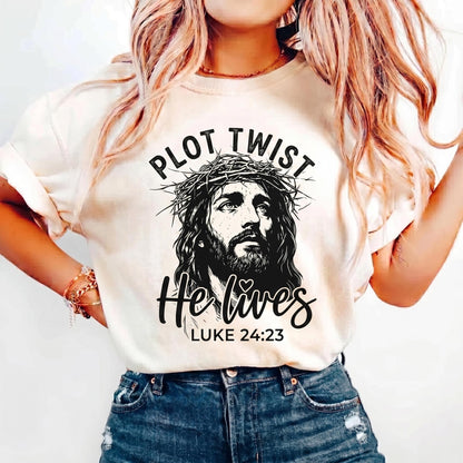 Plot Twist He Lives Shirt, Luke 24 23 Tee, Jesus Crown Of Thorns, Christian Easter Apparel, Bible Verse T-Shirt, Religious Faith Gift