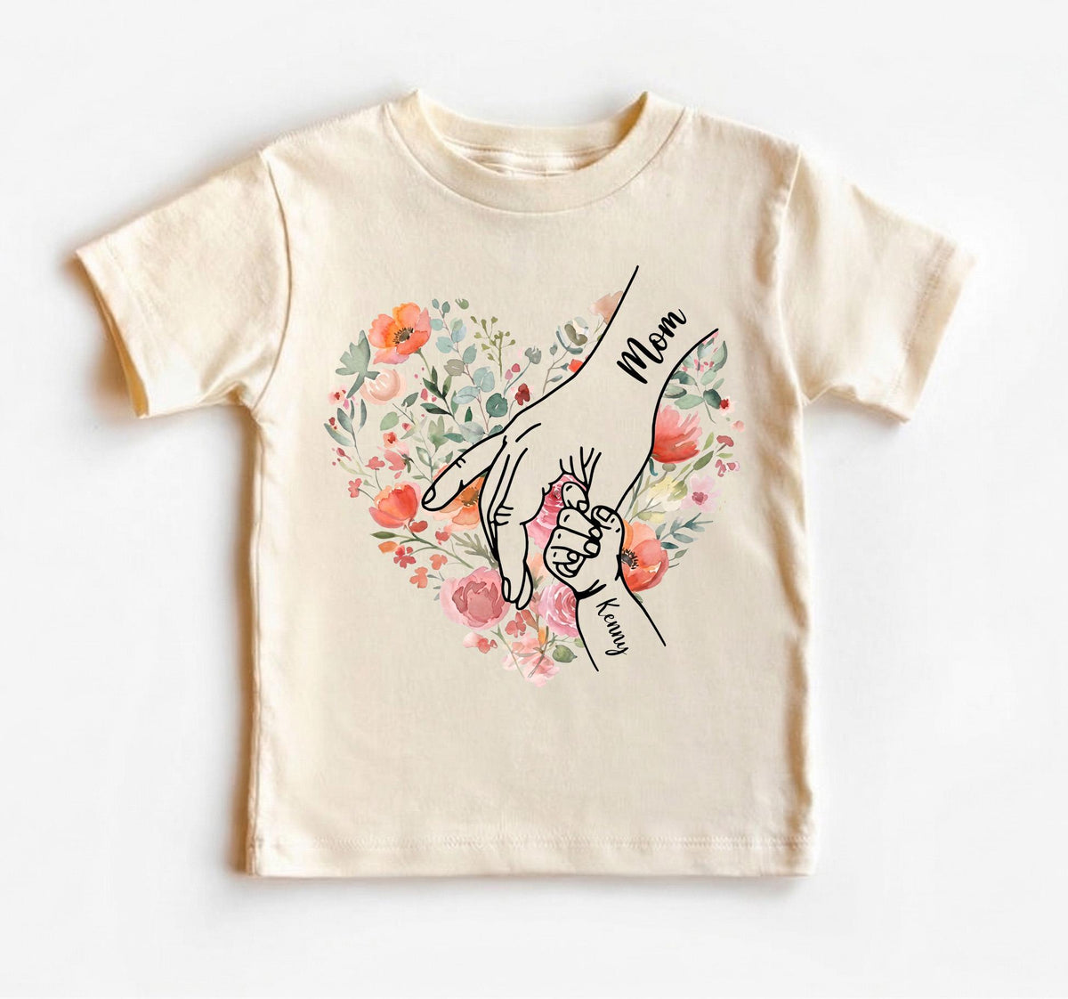 Personalized Mom Shirt With Kids Names, Holding Hands Floral Heart Tee, Custom Watercolor Flower Mama Shirt, Mothers Day Gift From Children
