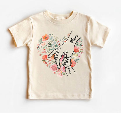 Personalized Mom Shirt With Kids Names, Holding Hands Floral Heart Tee, Custom Watercolor Flower Mama Shirt, Mothers Day Gift From Children