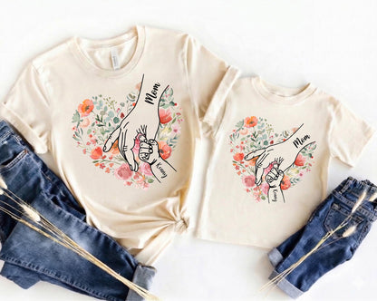 Personalized Mom Shirt With Kids Names, Holding Hands Floral Heart Tee, Custom Watercolor Flower Mama Shirt, Mothers Day Gift From Children