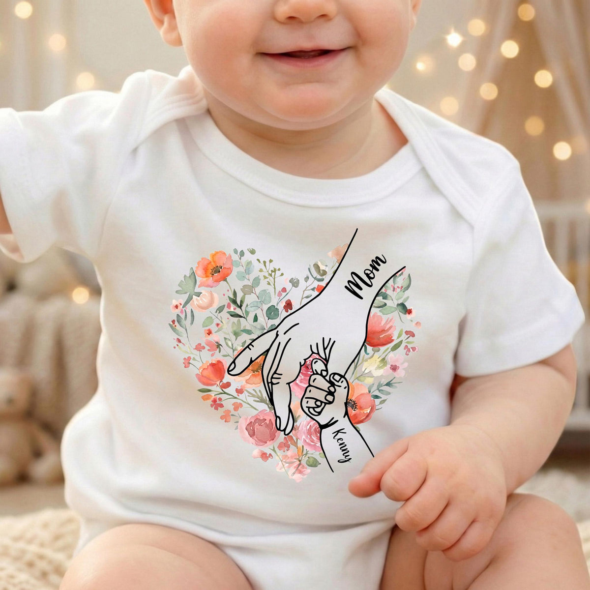 Personalized Mom Shirt With Kids Names, Holding Hands Floral Heart Tee, Custom Watercolor Flower Mama Shirt, Mothers Day Gift From Children