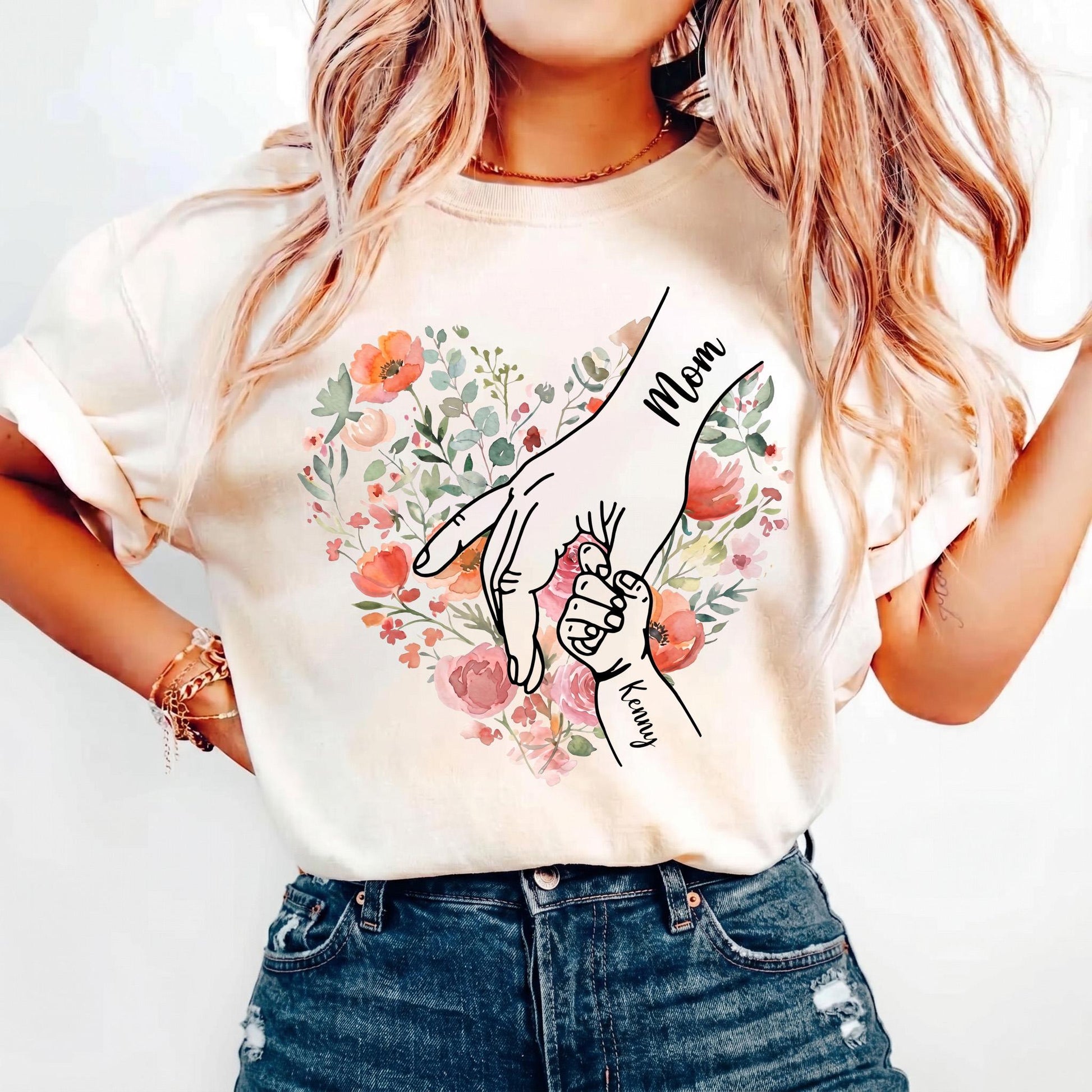 Personalized Mom Shirt With Kids Names, Holding Hands Floral Heart Tee, Custom Watercolor Flower Mama Shirt, Mothers Day Gift From Children