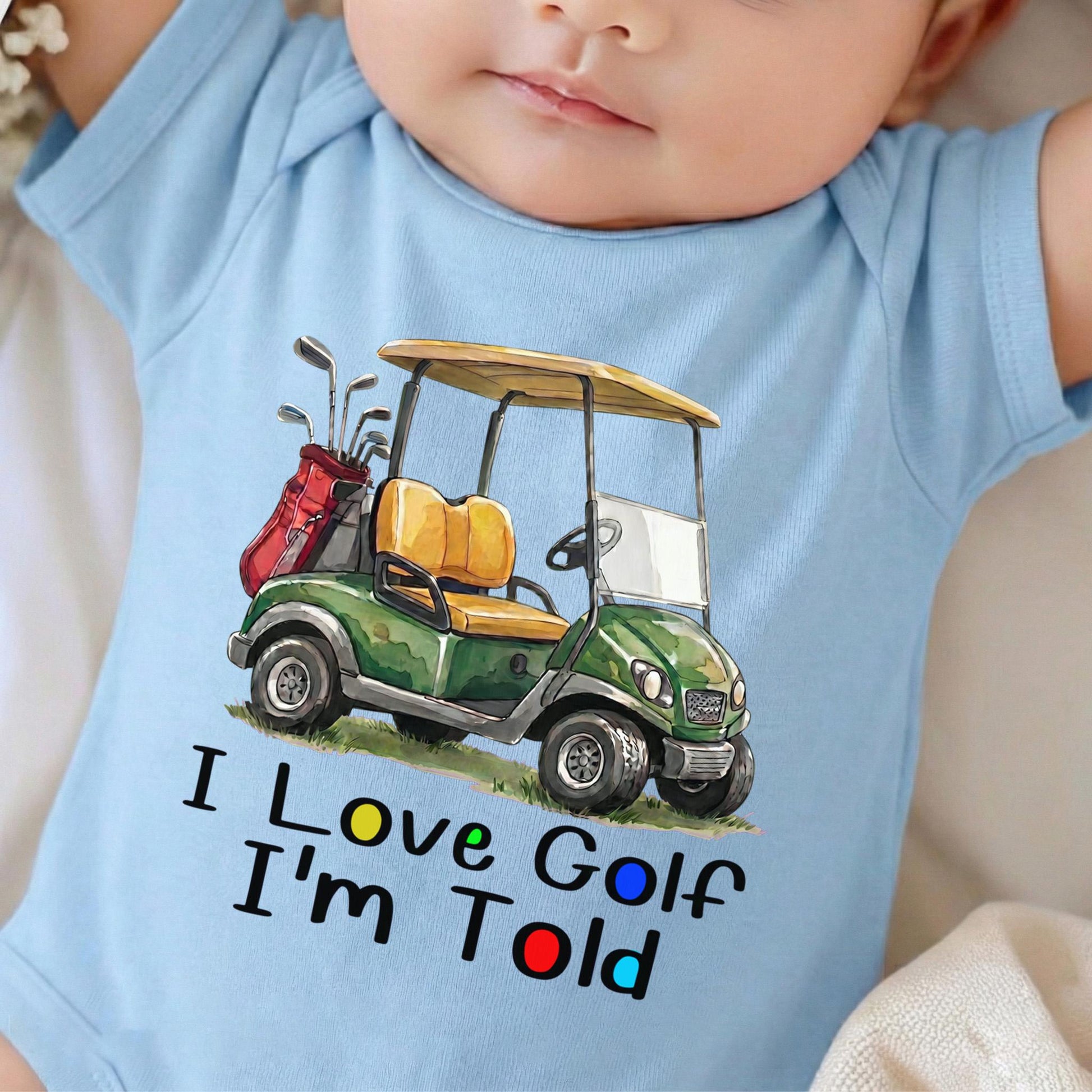I Love Golf Im Told Baby Bodysuit, Funny Golf Cart Onesie, Future Golfer Baby Clothes, Golf Dad Gift, Golf Themed Baby Shower Gift Boys