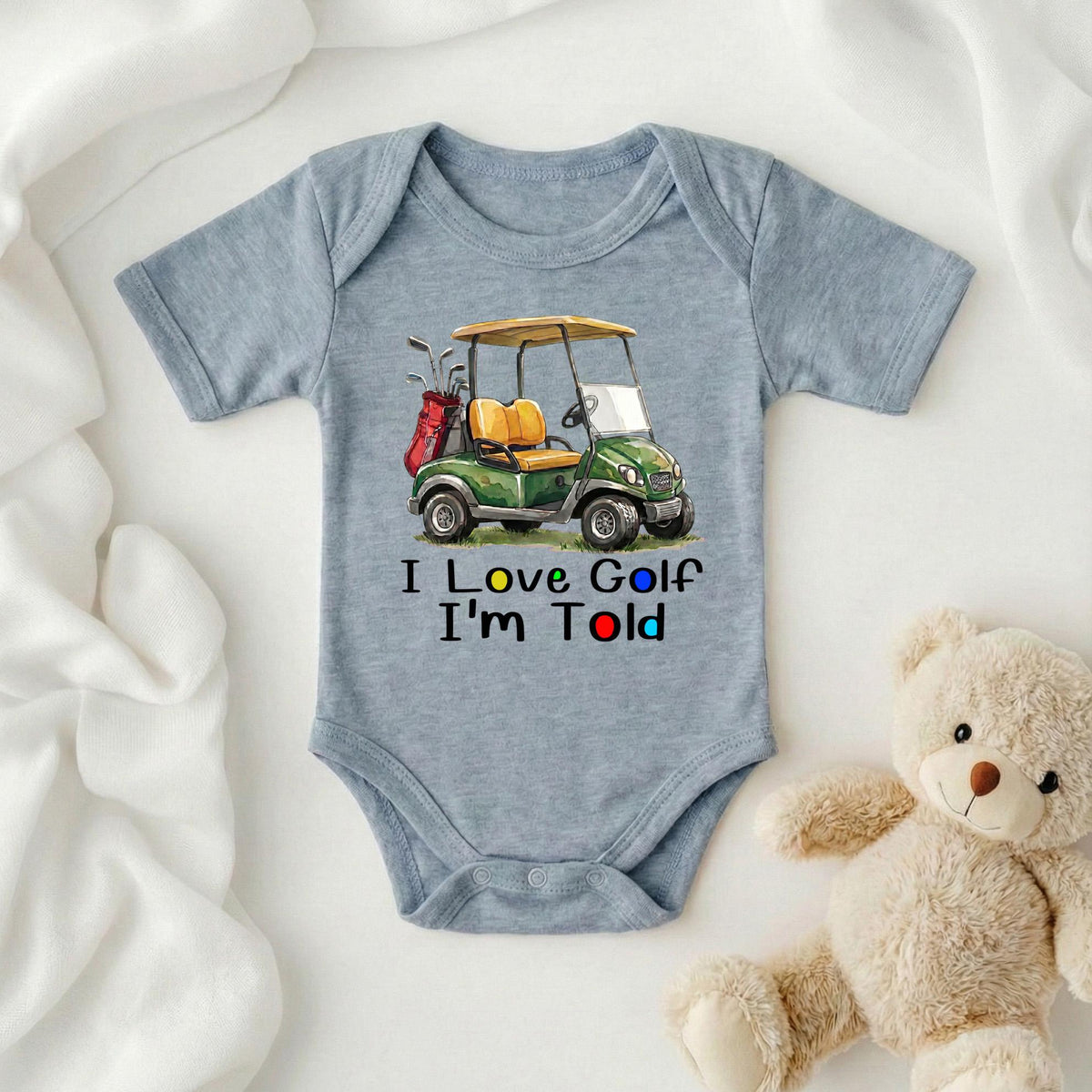 I Love Golf Im Told Baby Bodysuit, Funny Golf Cart Onesie, Future Golfer Baby Clothes, Golf Dad Gift, Golf Themed Baby Shower Gift Boys