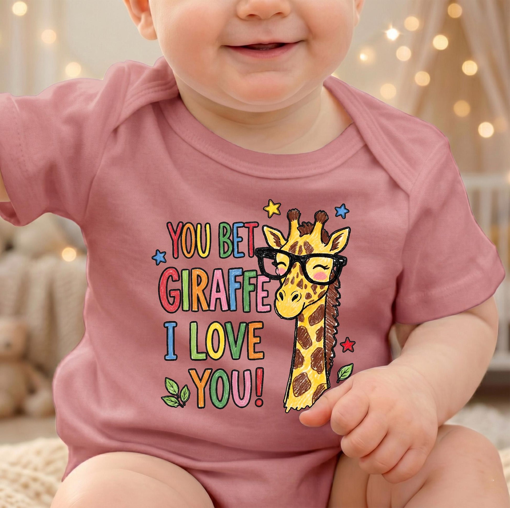 You Bet Giraffe I Love You Onesie, Dusty Rose Mauve Baby Bodysuit, Cute Crayon Giraffe with Glasses Shirt, Funny Baby Shower Gift, Boho Girl