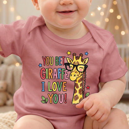 You Bet Giraffe I Love You Onesie, Dusty Rose Mauve Baby Bodysuit, Cute Crayon Giraffe with Glasses Shirt, Funny Baby Shower Gift, Boho Girl