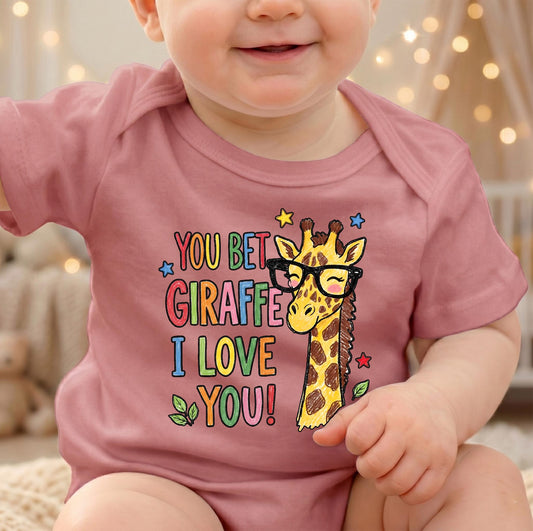 You Bet Giraffe I Love You Onesie, Dusty Rose Mauve Baby Bodysuit, Cute Crayon Giraffe with Glasses Shirt, Funny Baby Shower Gift, Boho Girl