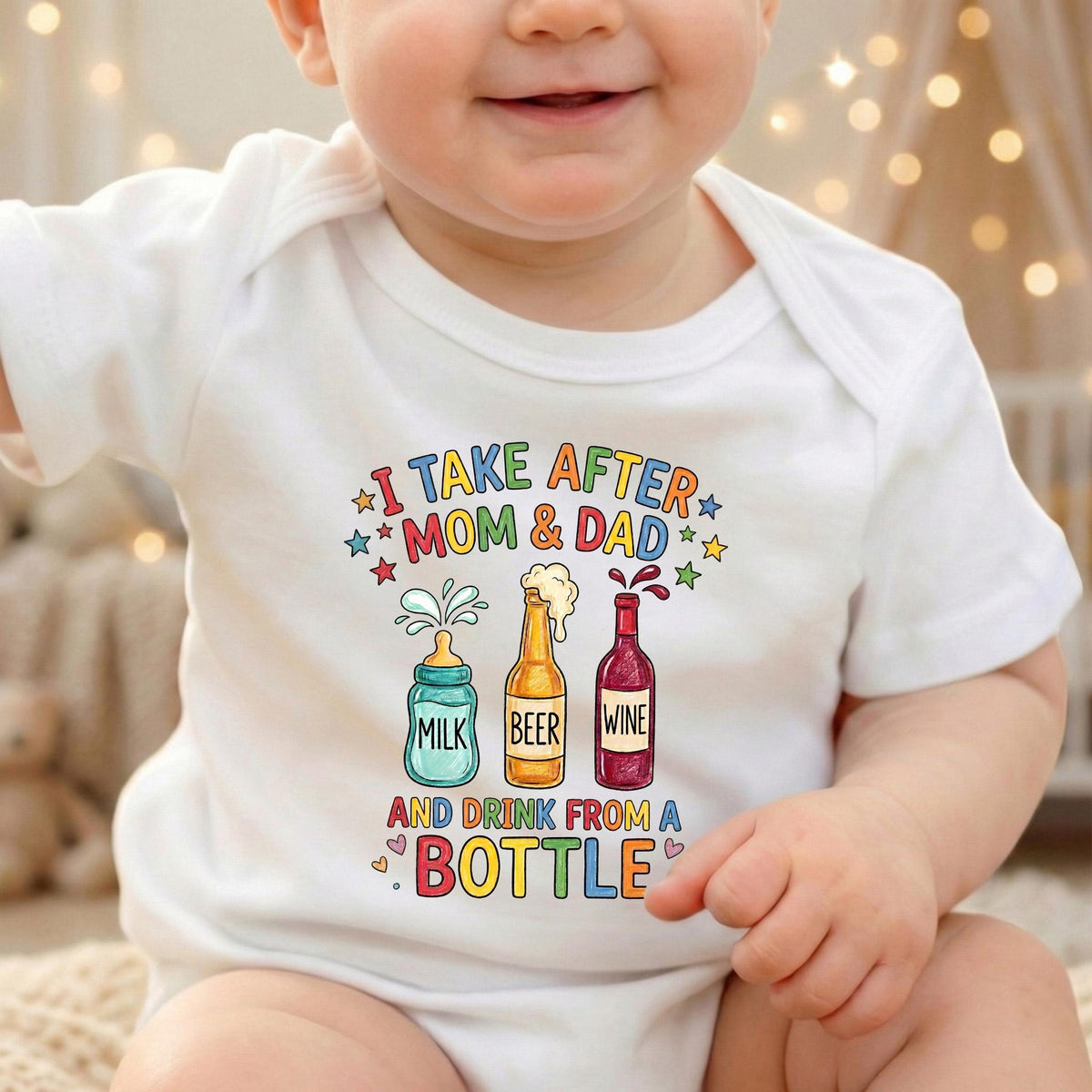 Funny Baby Bodysuit I Take After Mom And Dad Drink From A Bottle, Cute Newborn Boy Girl Clothes, Baby Shower Gift, Drinking Humor