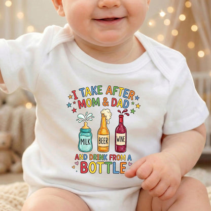 Funny Baby Bodysuit I Take After Mom And Dad Drink From A Bottle, Cute Newborn Boy Girl Clothes, Baby Shower Gift, Drinking Humor