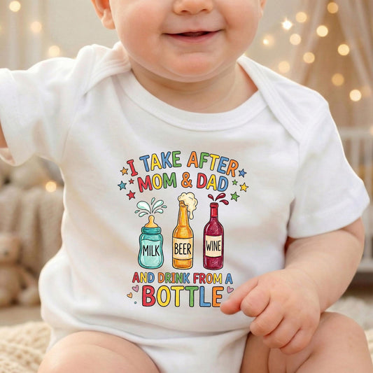 Funny Baby Bodysuit I Take After Mom And Dad Drink From A Bottle, Cute Newborn Boy Girl Clothes, Baby Shower Gift, Drinking Humor