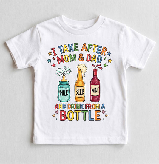Funny Baby Bodysuit I Take After Mom And Dad Drink From A Bottle, Cute Newborn Boy Girl Clothes, Baby Shower Gift, Drinking Humor