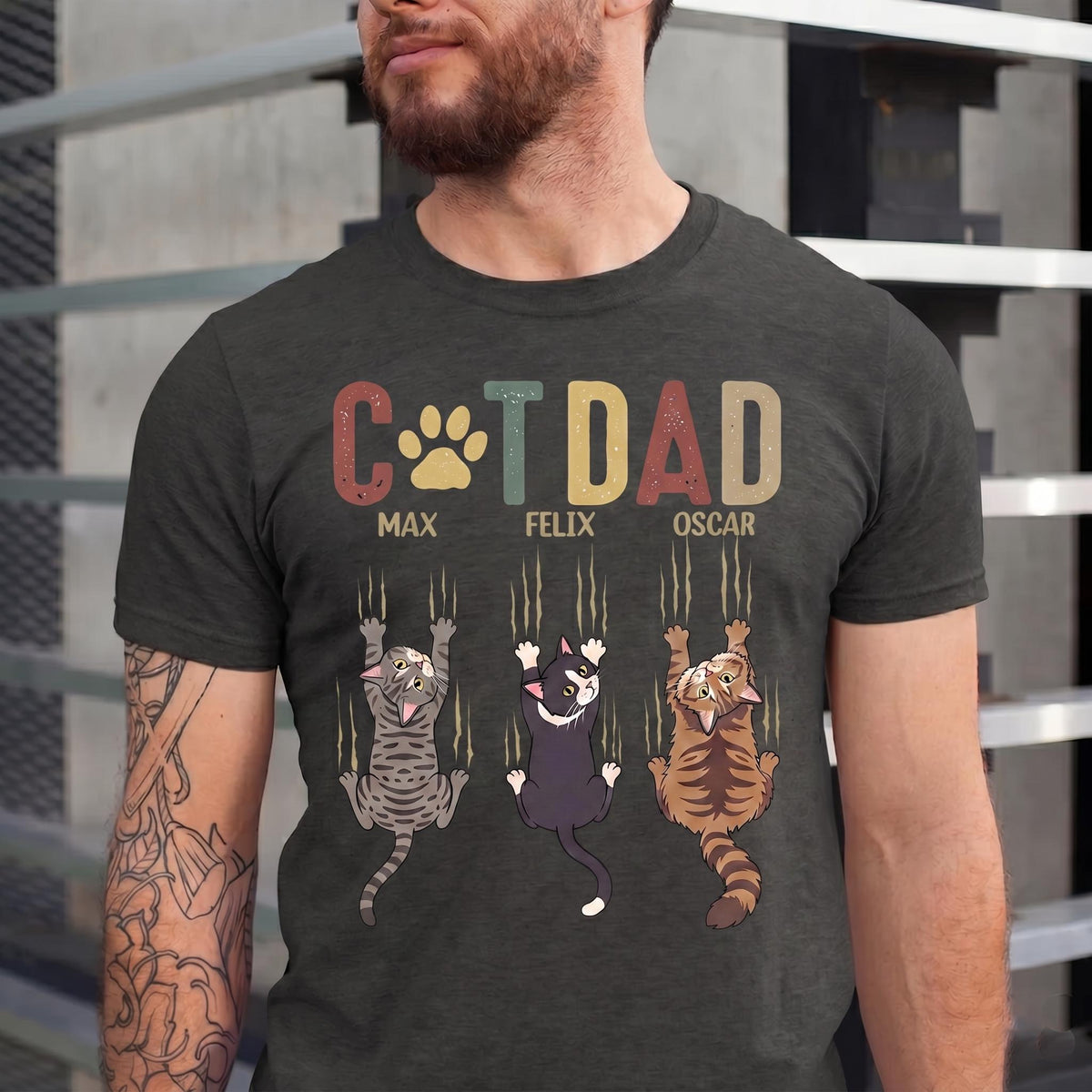 Personalized Cat Dad Shirt, Funny Scratching Cat Tee, Custom Cat Name T-Shirt, Vintage Cat Lover Gift for Men, Fathers Day Gift from Cat